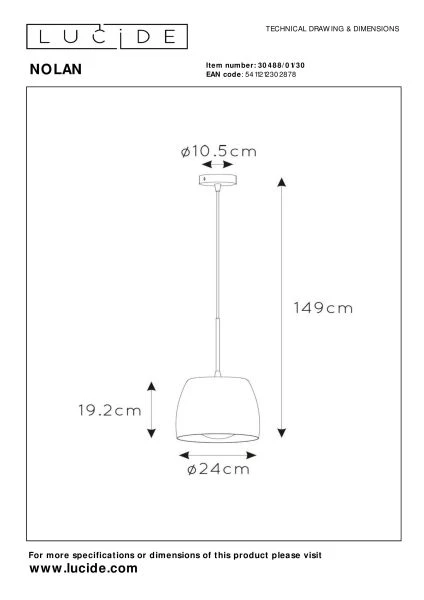 Lucide NOLAN - Suspension - Ø 24 cm - 1xE27 - Noir - technique